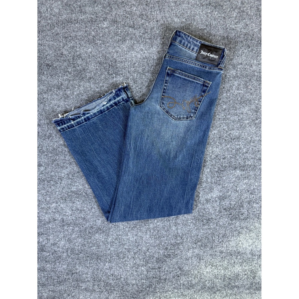 Juicy Couture Abbot Wide Flare Jeans Medium Wash Studded Rhinestone Y2K Raw Hem